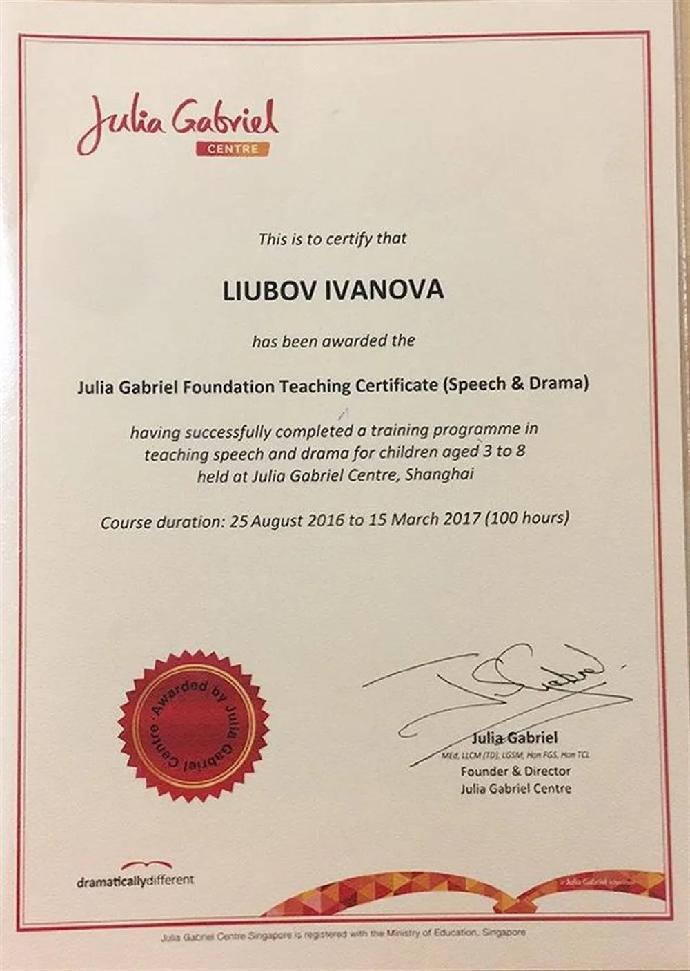 Julia Gabriel Foundation Teaching Certificate (Speech and Drama)