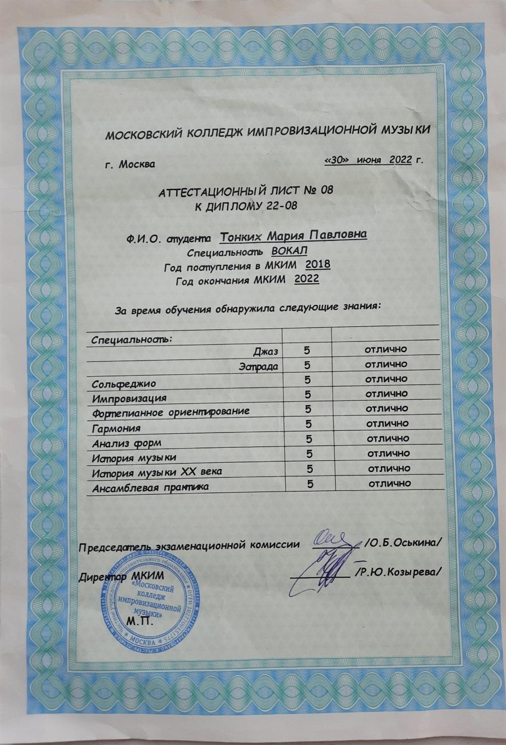 Московский колледж импровизационной музыки, диплом с отличием.