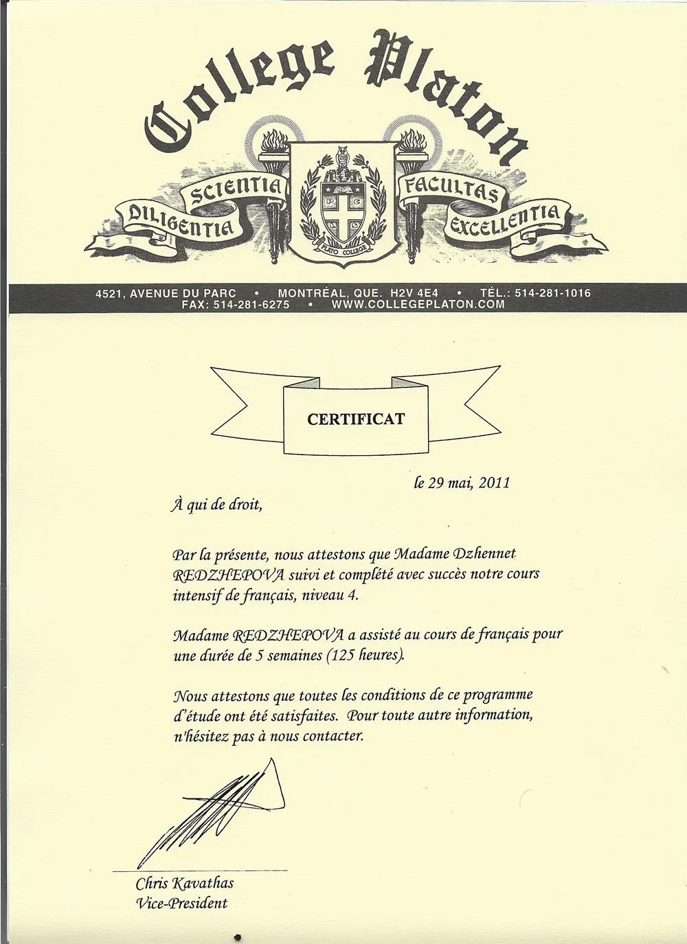 Intensive French classes Certificate