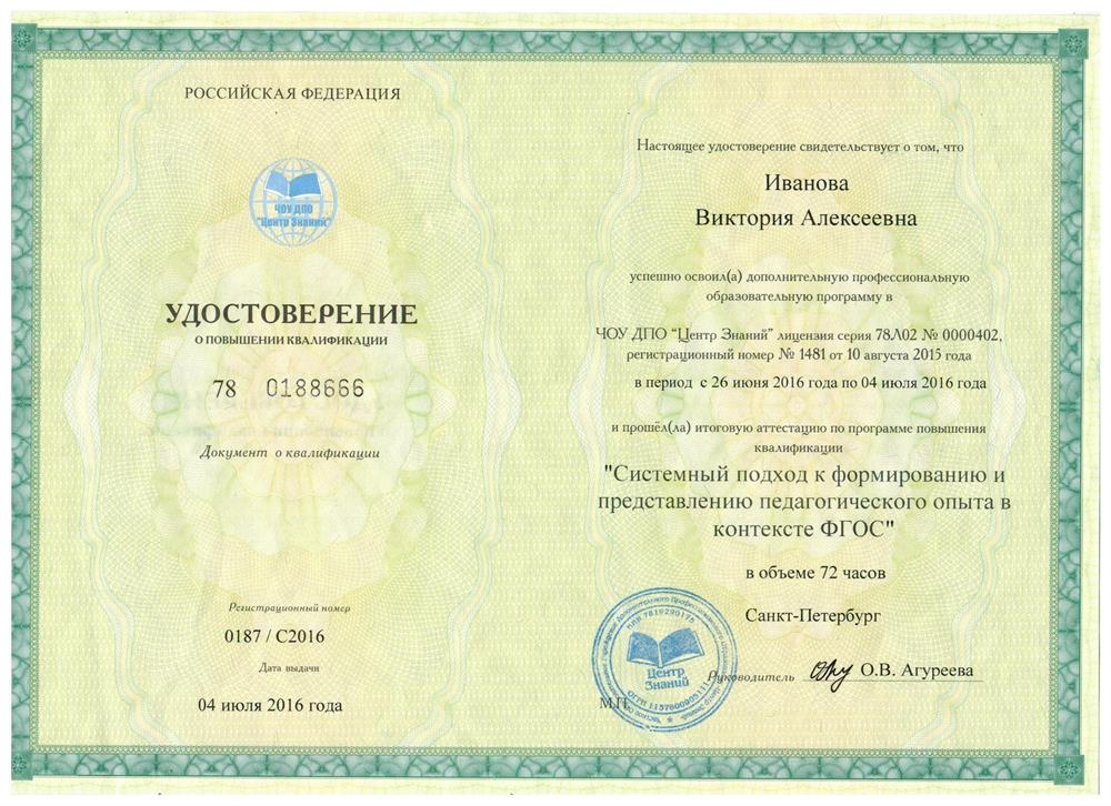 Удостоверение о повышении квалификации