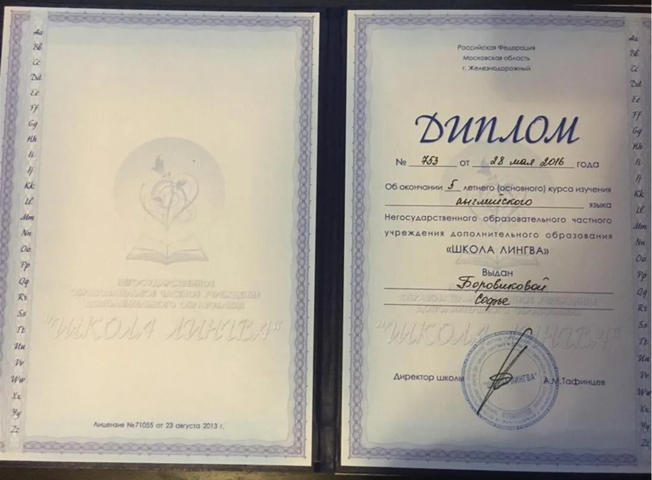 Диплом школы Лингва (иностранных языков)