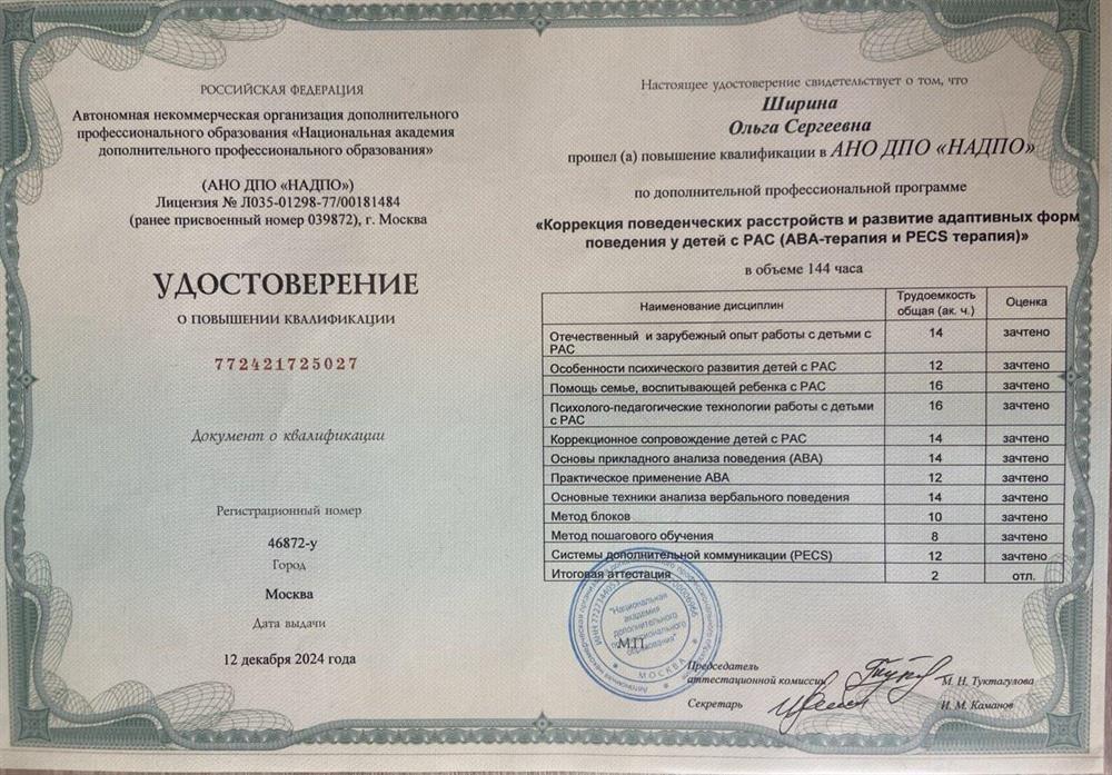 Удостоверение о повышении квалификации. АВА PECS терапевт, повышение квалификации АНО ДПО "НАДПО"