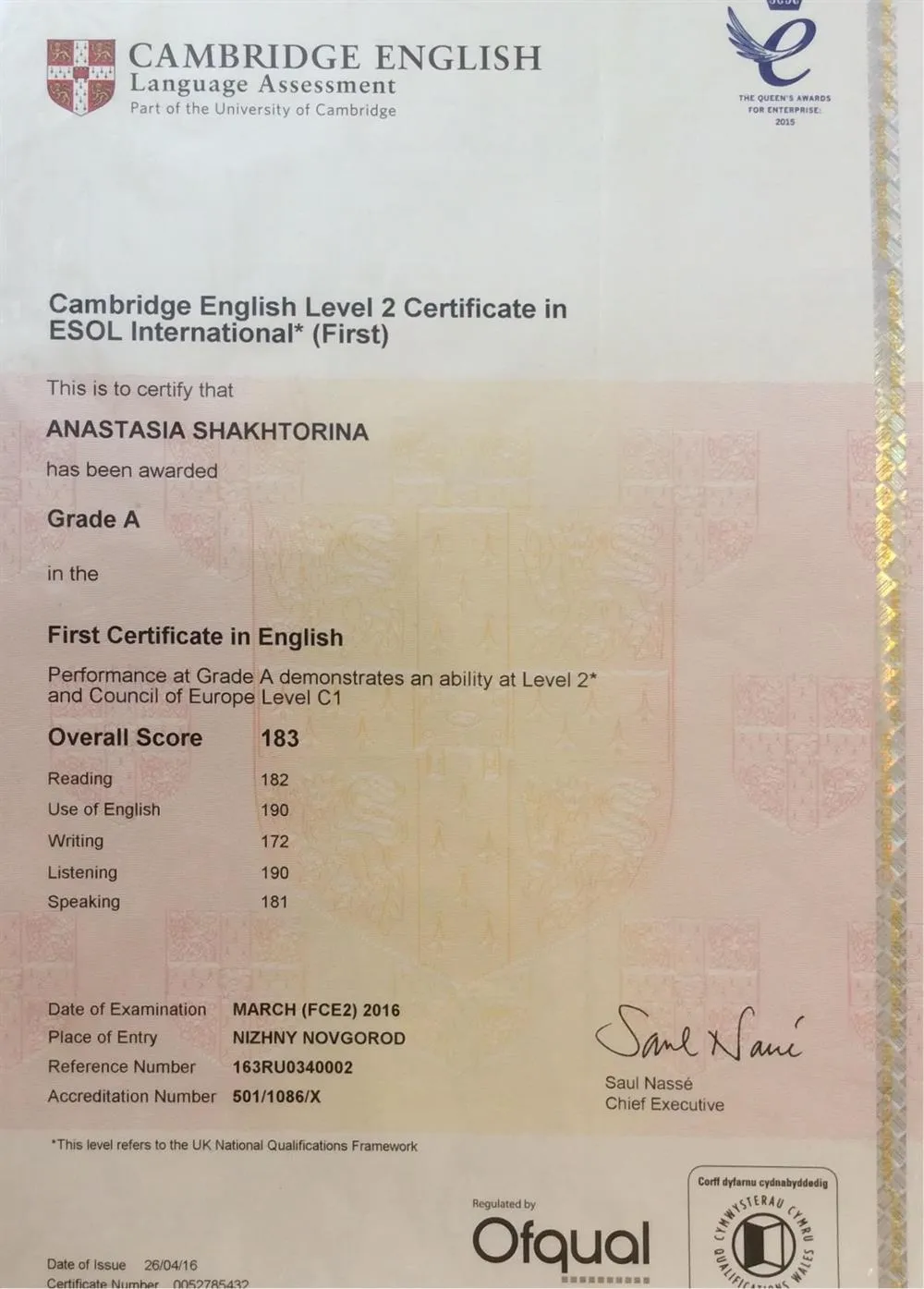 Cambridge English Level 2 Certificate in ESOL International (First)
