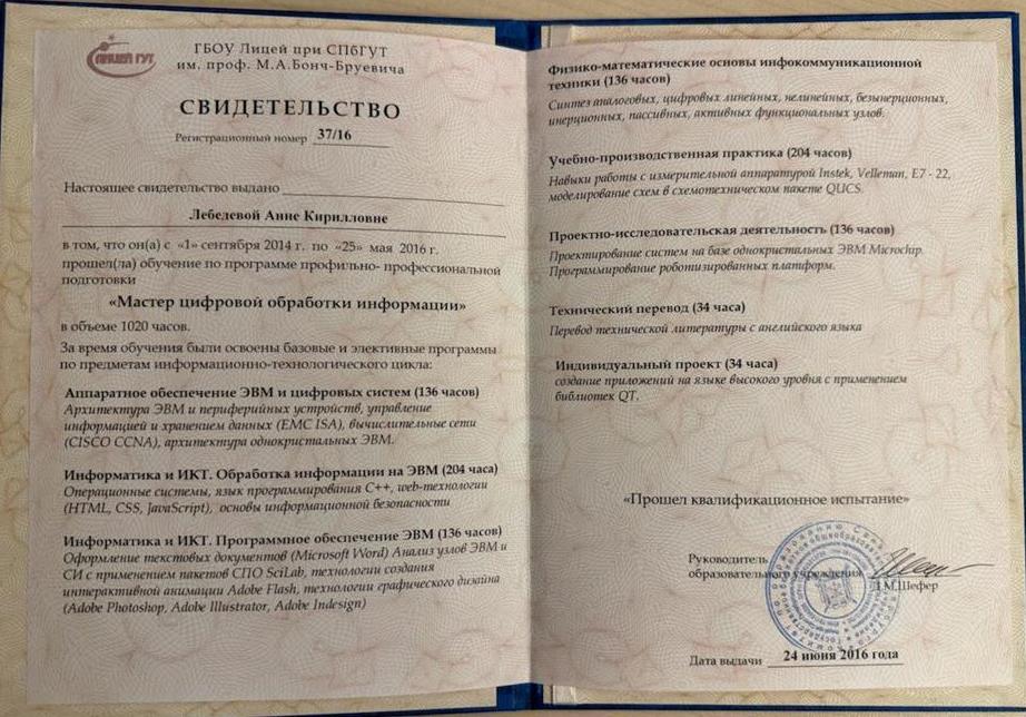 Свидетельство ГБОУ Лицея при СПБГУТ им. проф. М. А. Бонч-Бруевича "Мастер цифровой обработки информации"