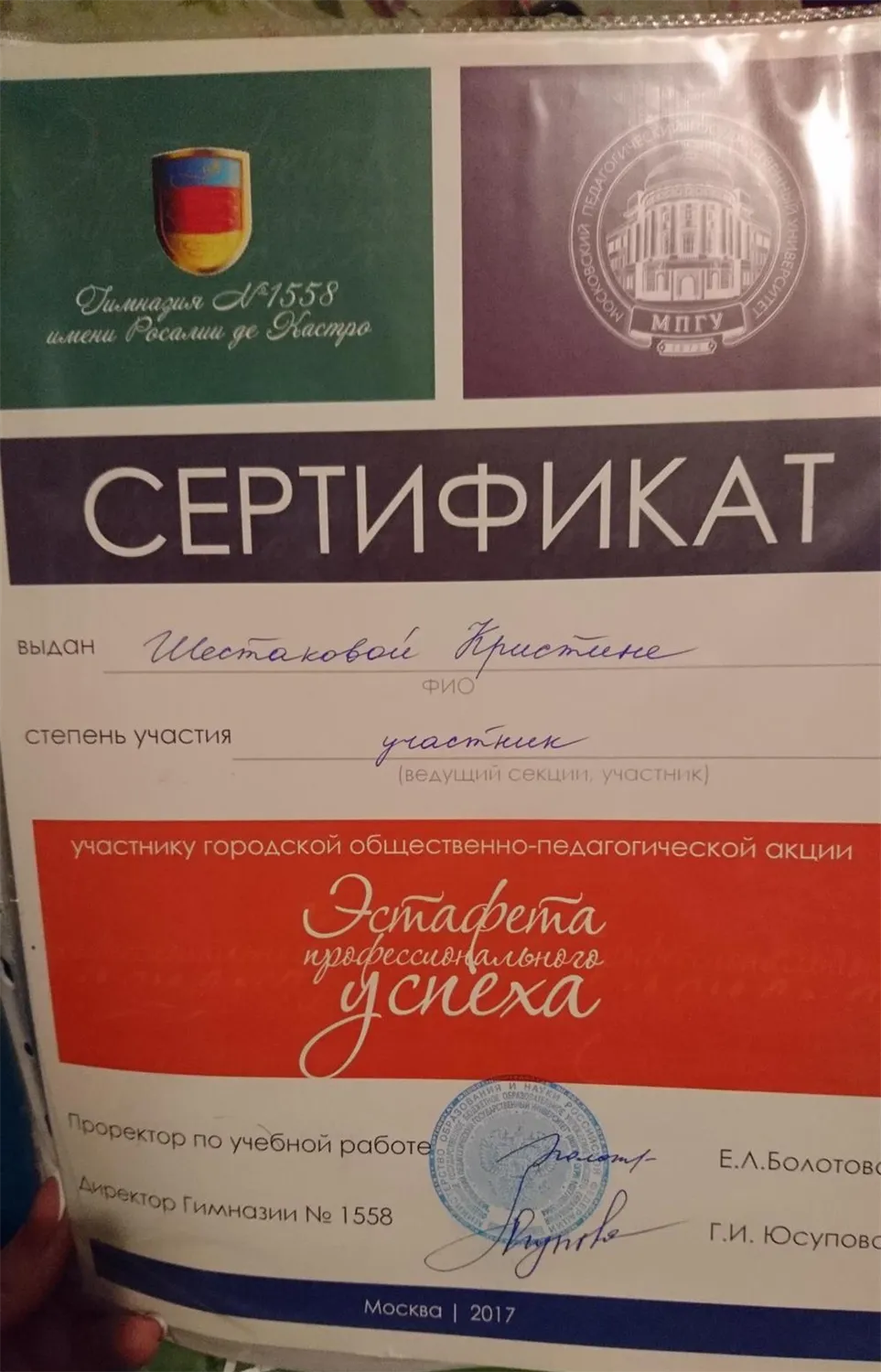 Сертификат "Эстафета профессионального успеха" 