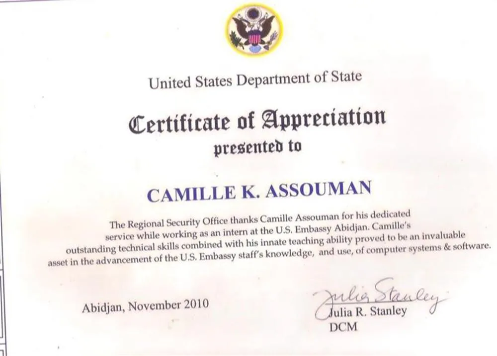 Certificate of Appreciation US EMBASSY- ABIDJAN