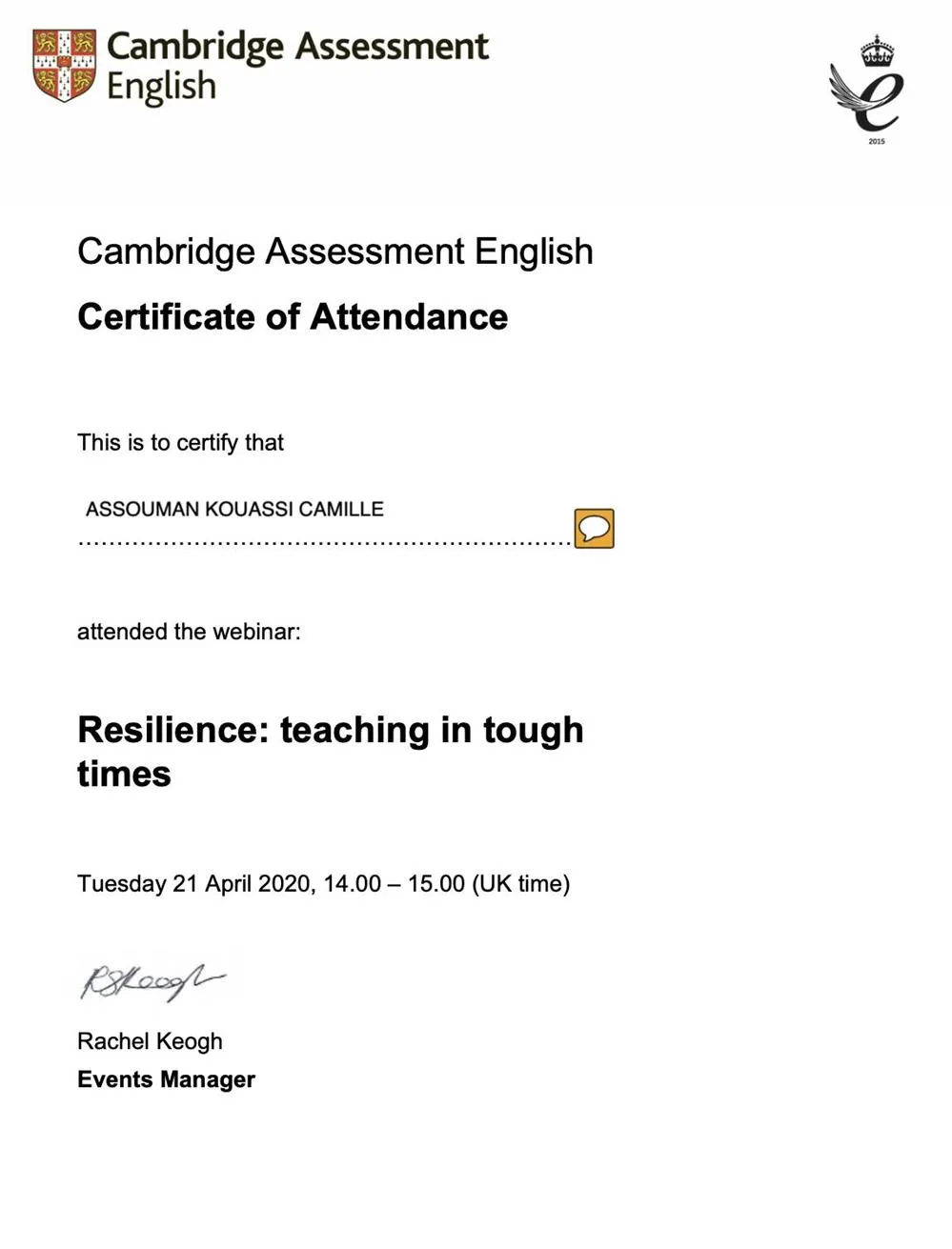 Certificate of Attendance for Teaching in tough times