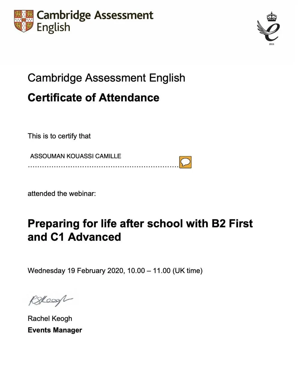 Certificate of Attendance for Preparing for life after school with B2 First and C1 Advanced