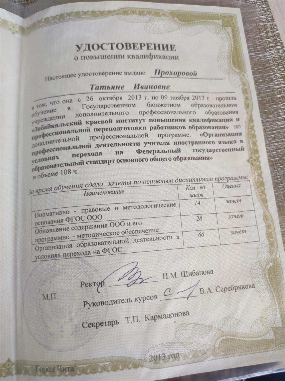 Удостоверение о повышении квалификации 