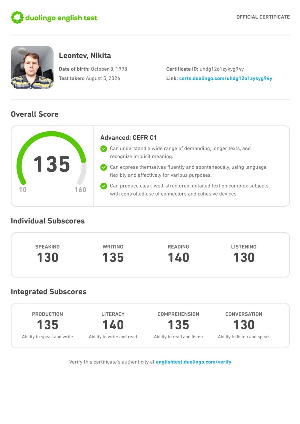 Сертификат C1 DET (Duolingo English Test)