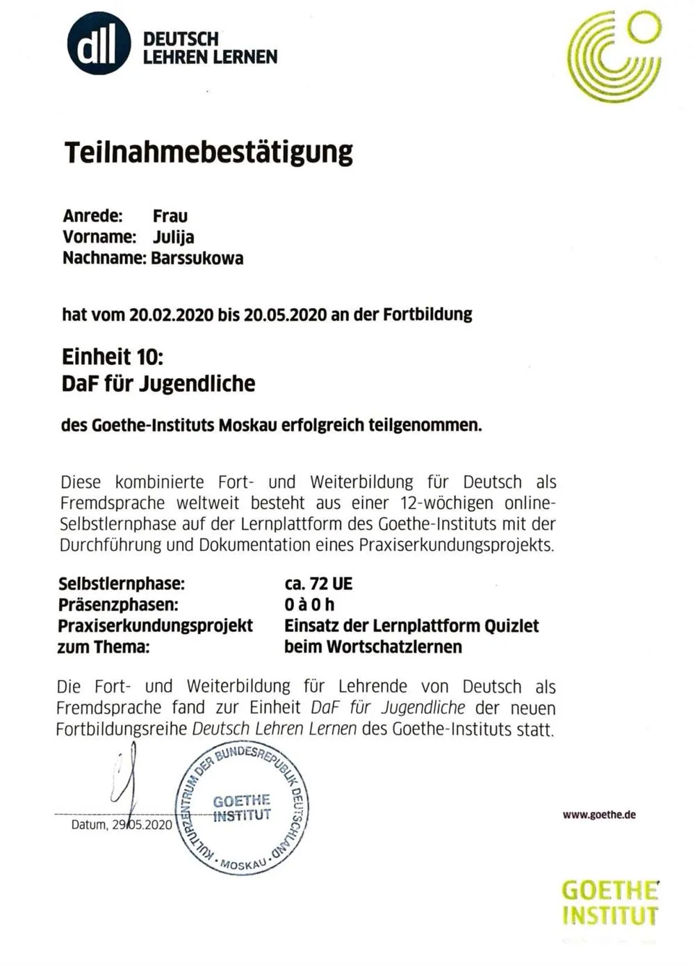 Teilnahmebestaetigung, Fortbildung Kurs DaF fuer Jugendliche DLL 10 des Goethe-Instituts