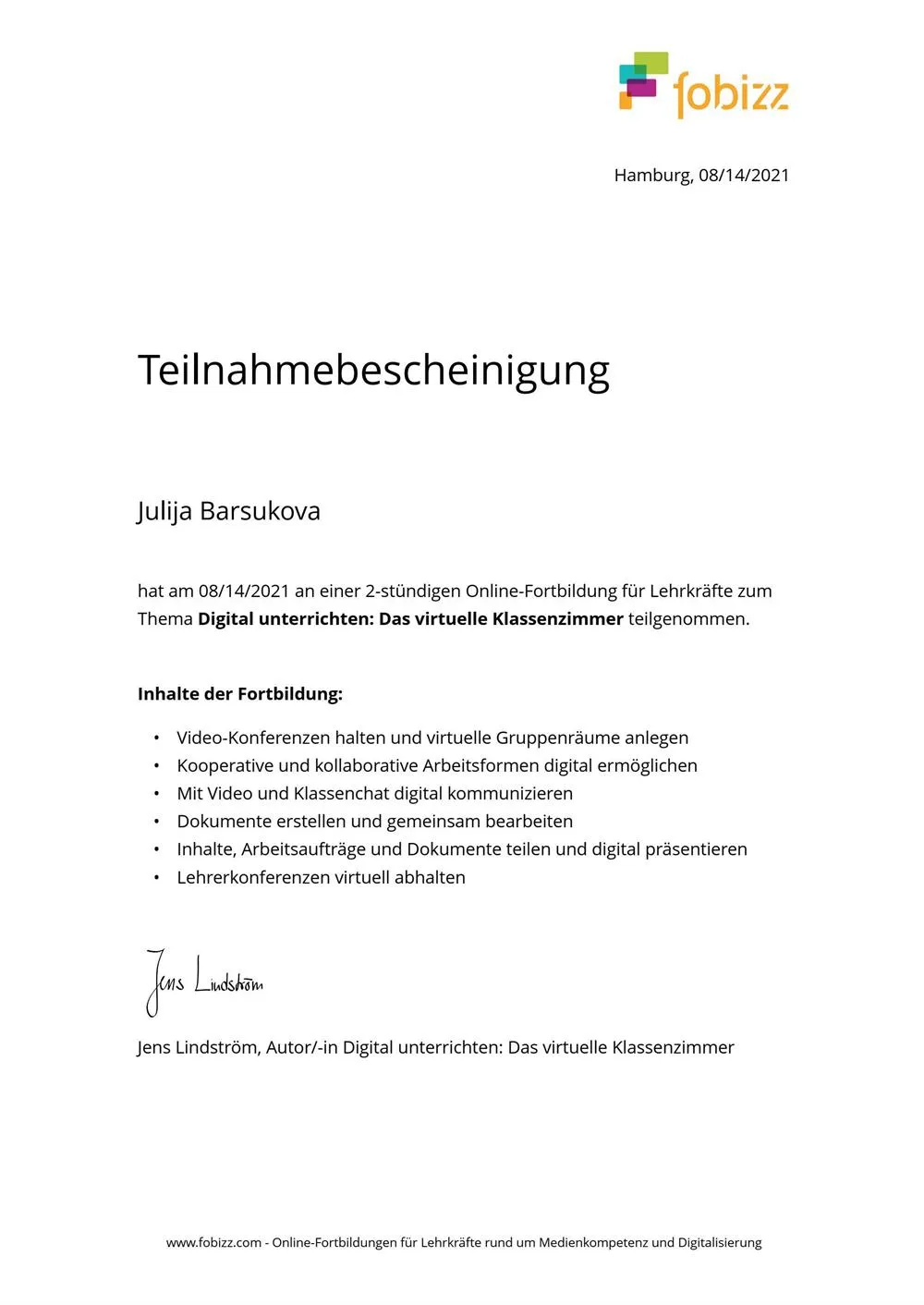 Teilnahmebestaetigung, Online-Fortbildung zum Thema "Digital unterrichten. Das digitale Klassenzimmer"