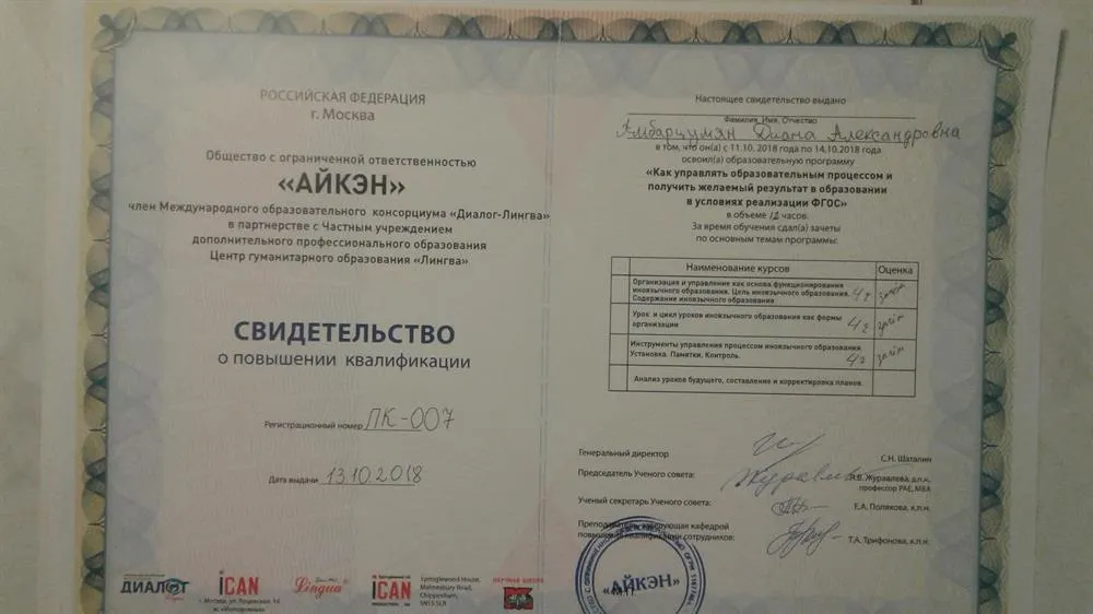 Свидетельство " Айкэн" о прохождении курсов повышения квалификации 2018