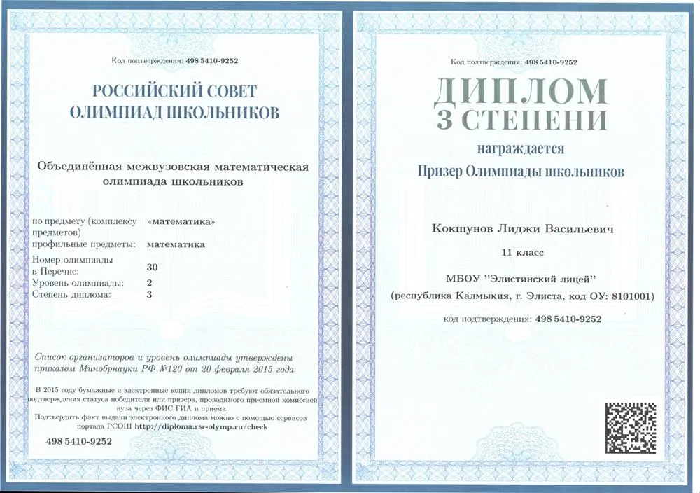 Диплом олимпиады "ОММО"