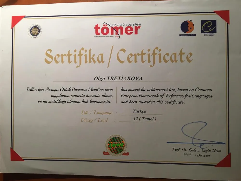 Сертификат Turkce TOMER temel 2