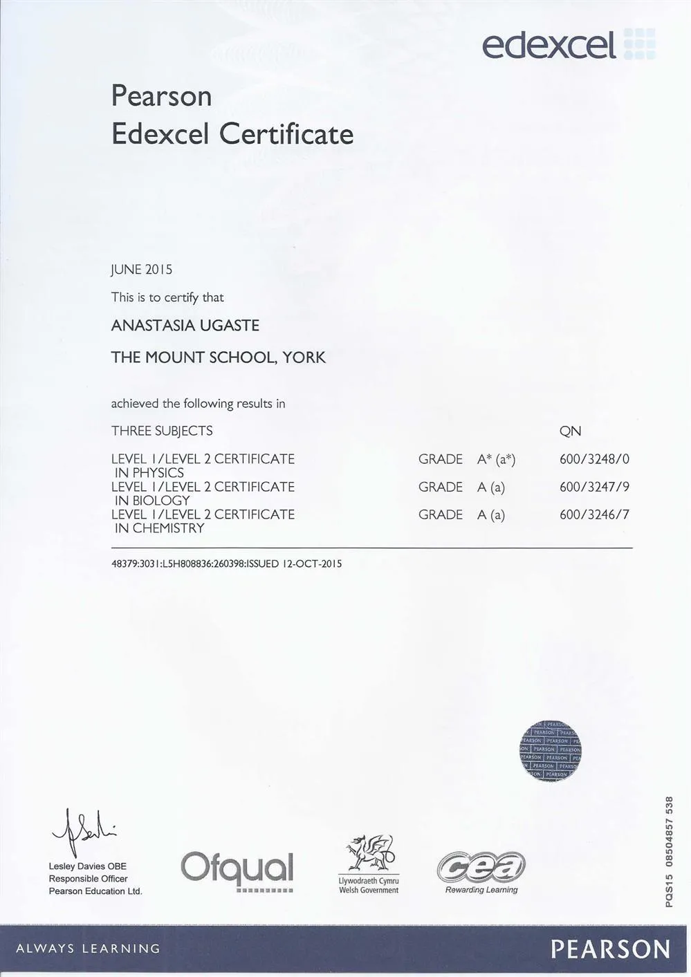 Сертификат IGCSE Physics, Chemistry and Biology