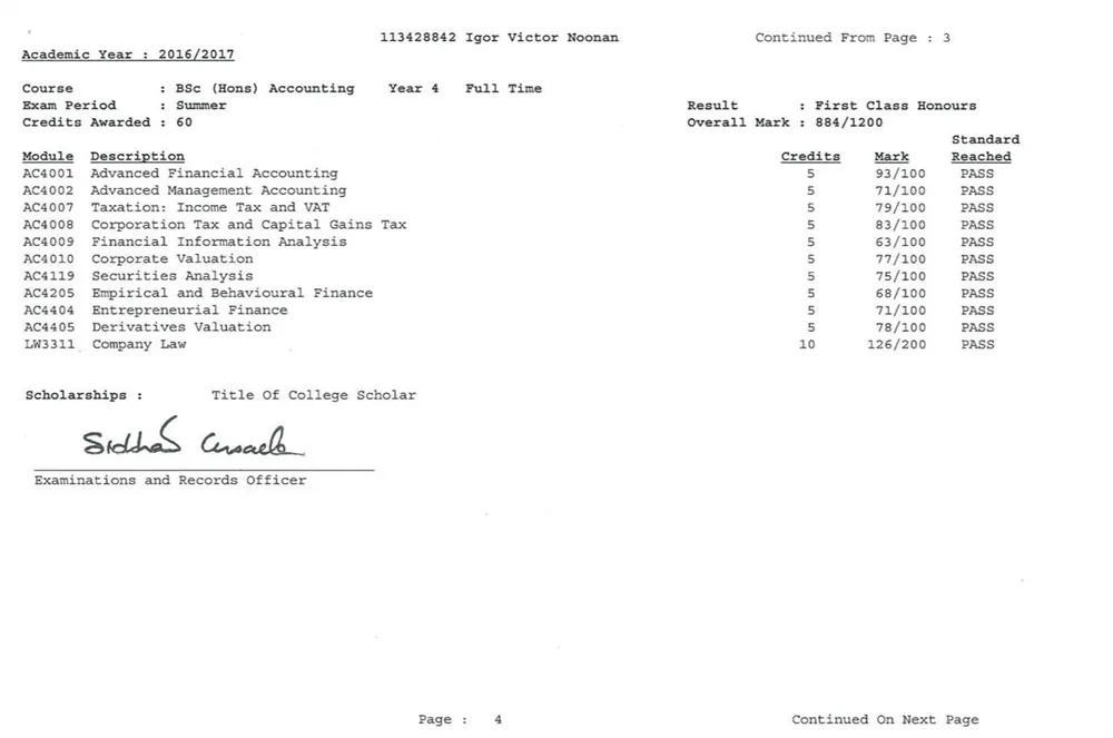 UCC Transcript (4th Year)
