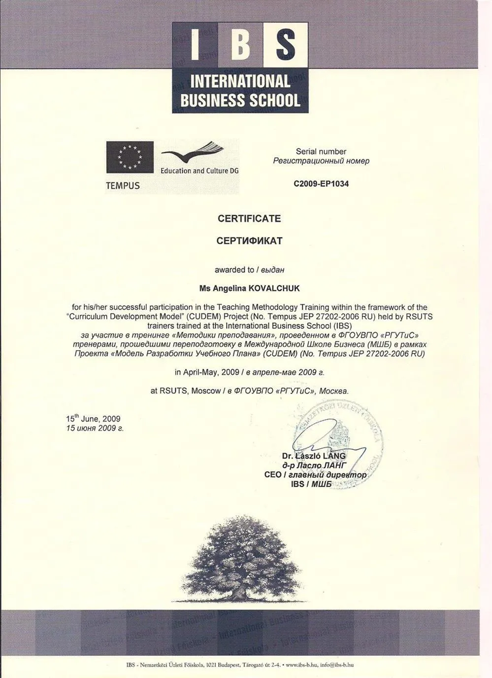 Certificate of teaching methodology training