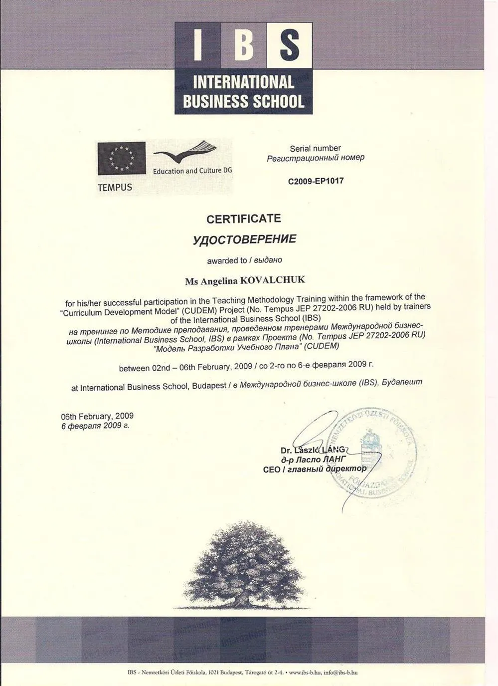 Certificate of teaching methodology training