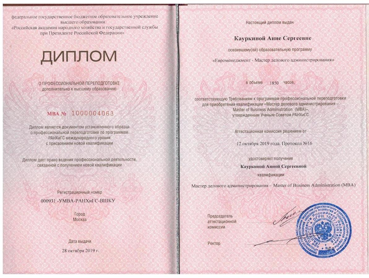 Диплом. МВА ВШКУ РАНХиГС при президенте РФ