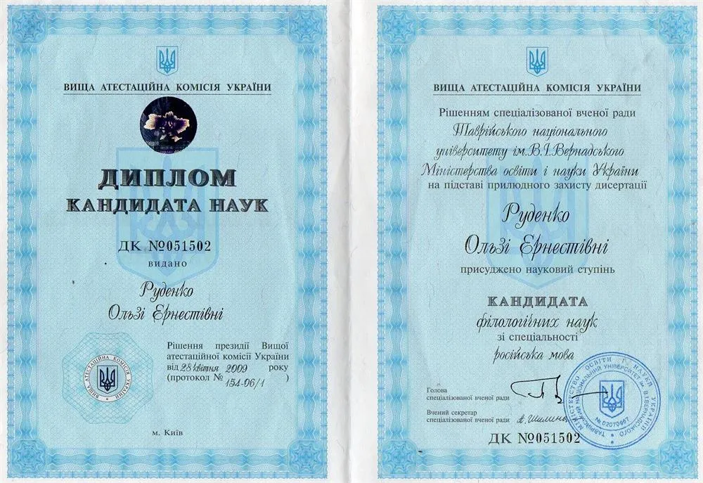 Диплом кандидата филологических наук