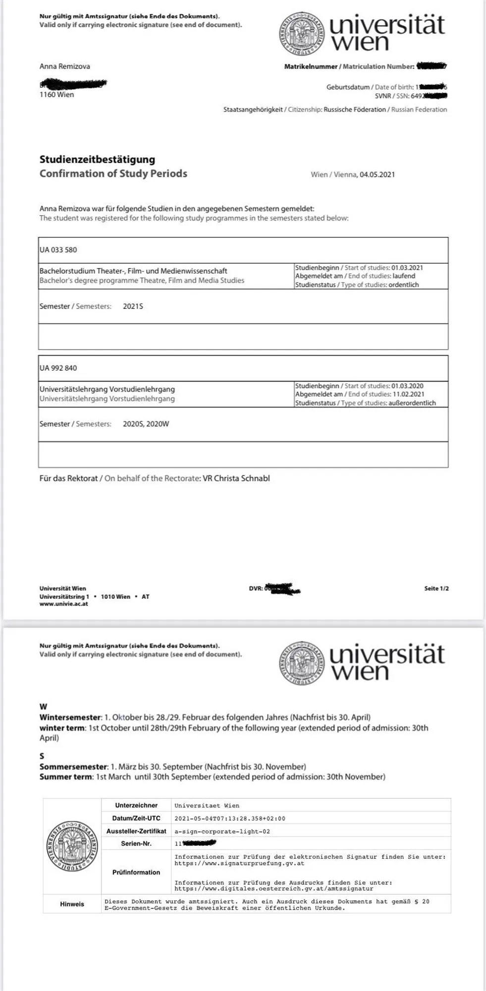 Подтверждение обучения в Universitat Wien  