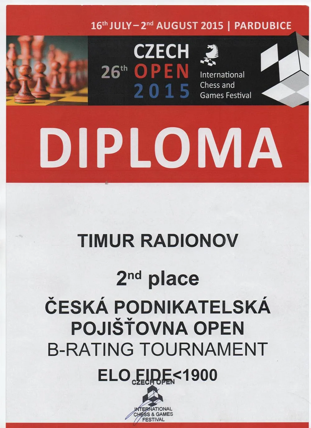Диплом за 2 место в "CZECH OPEN" турнире  ,Прага, Чехия 2015 год 