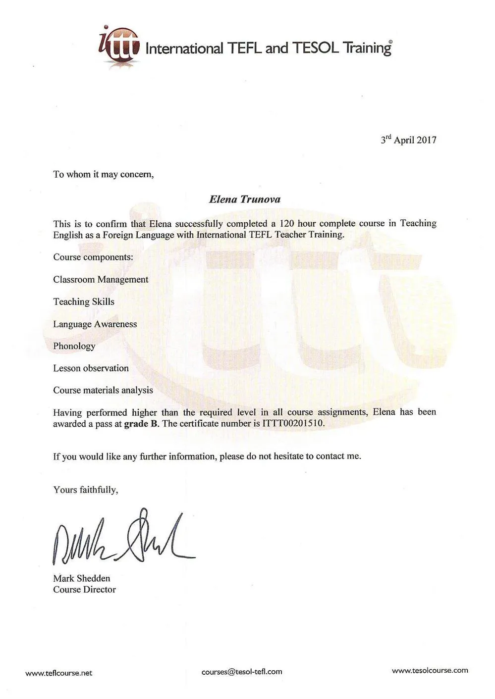 TEFL Diploma Confirmation