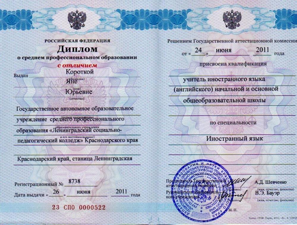 Диплом о среднем профессиональном образовании 