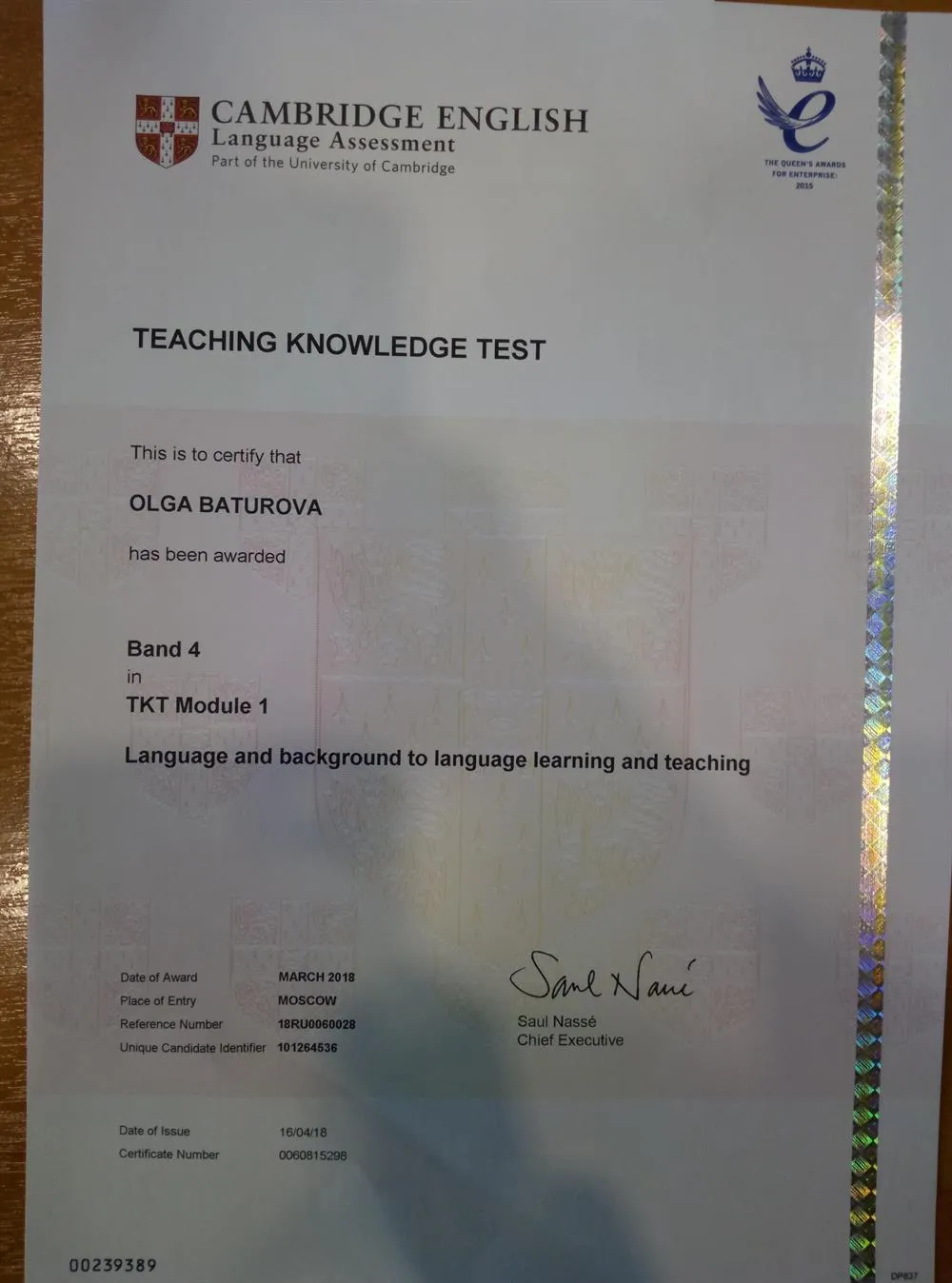Teaching Knowledge Test (TKT), Module 1, Cambridge, 2018