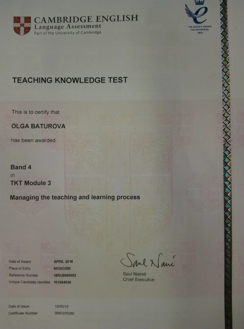 Teaching Knowledge Test (TKT) Module 3, Cambridge, 2018