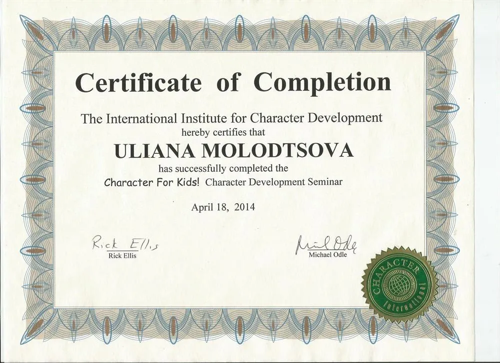 Certificate of Completion: Character Development