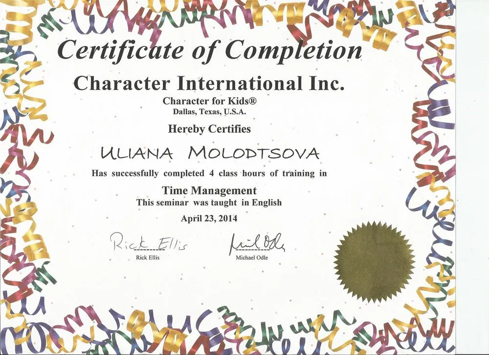 Certificate of Completion: Character International