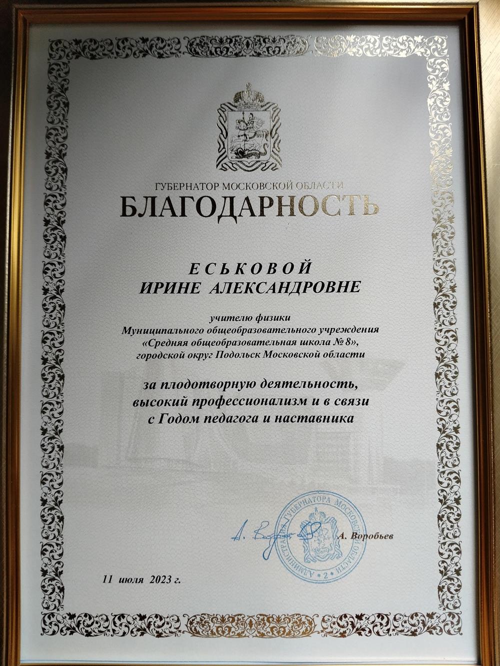 Благодарность Губернатора Московской области завысокий профессионализм