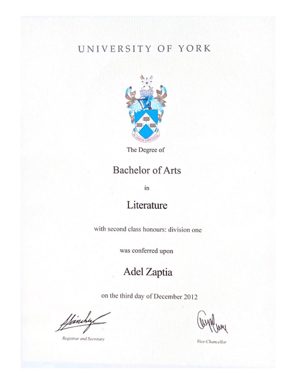 Диплом. (University of York), направление – английская литература, программа – BA English literature, бакалавр