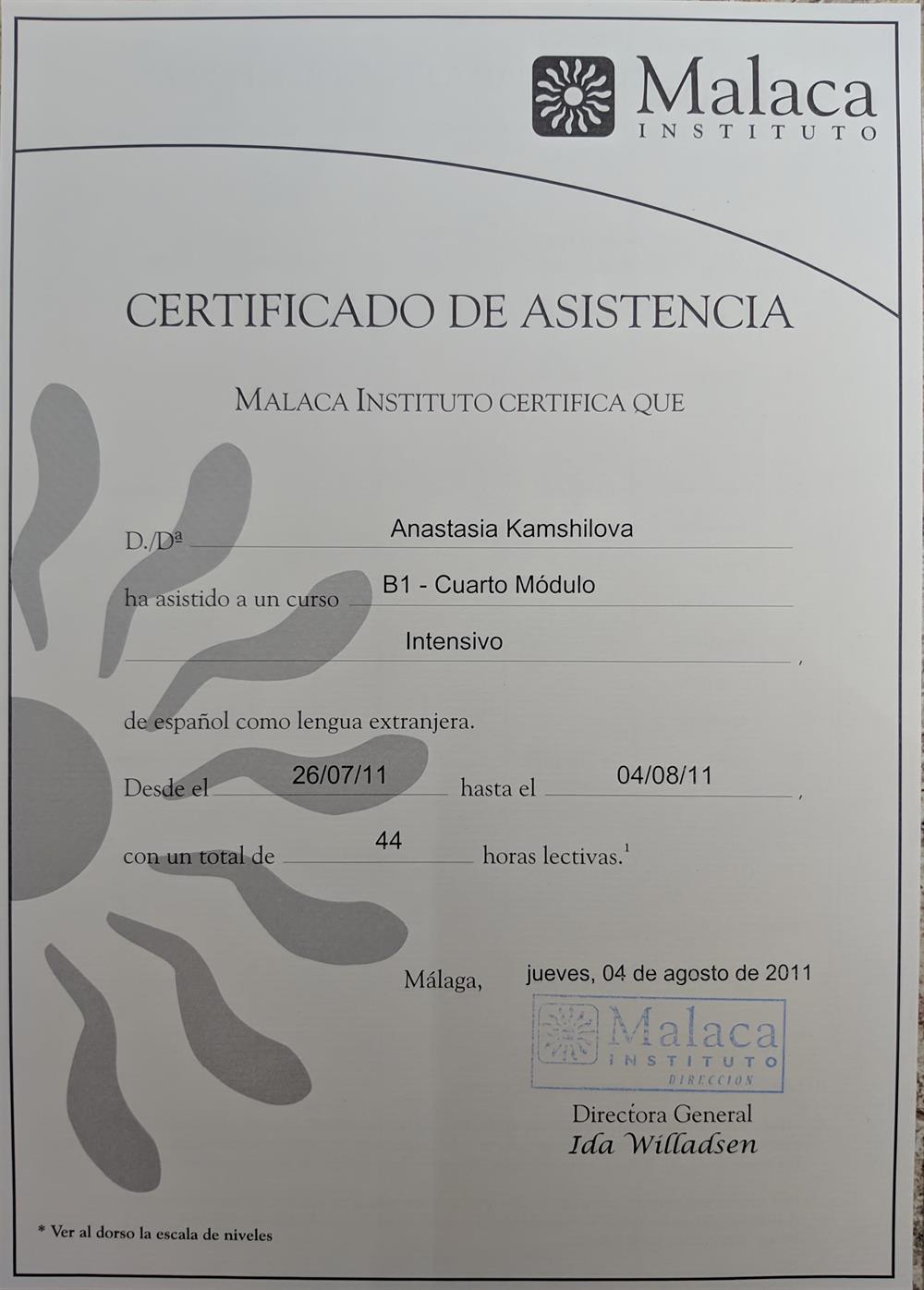 Сертификат (B1 - Cuatro Modulo. 44 horas lectivas).