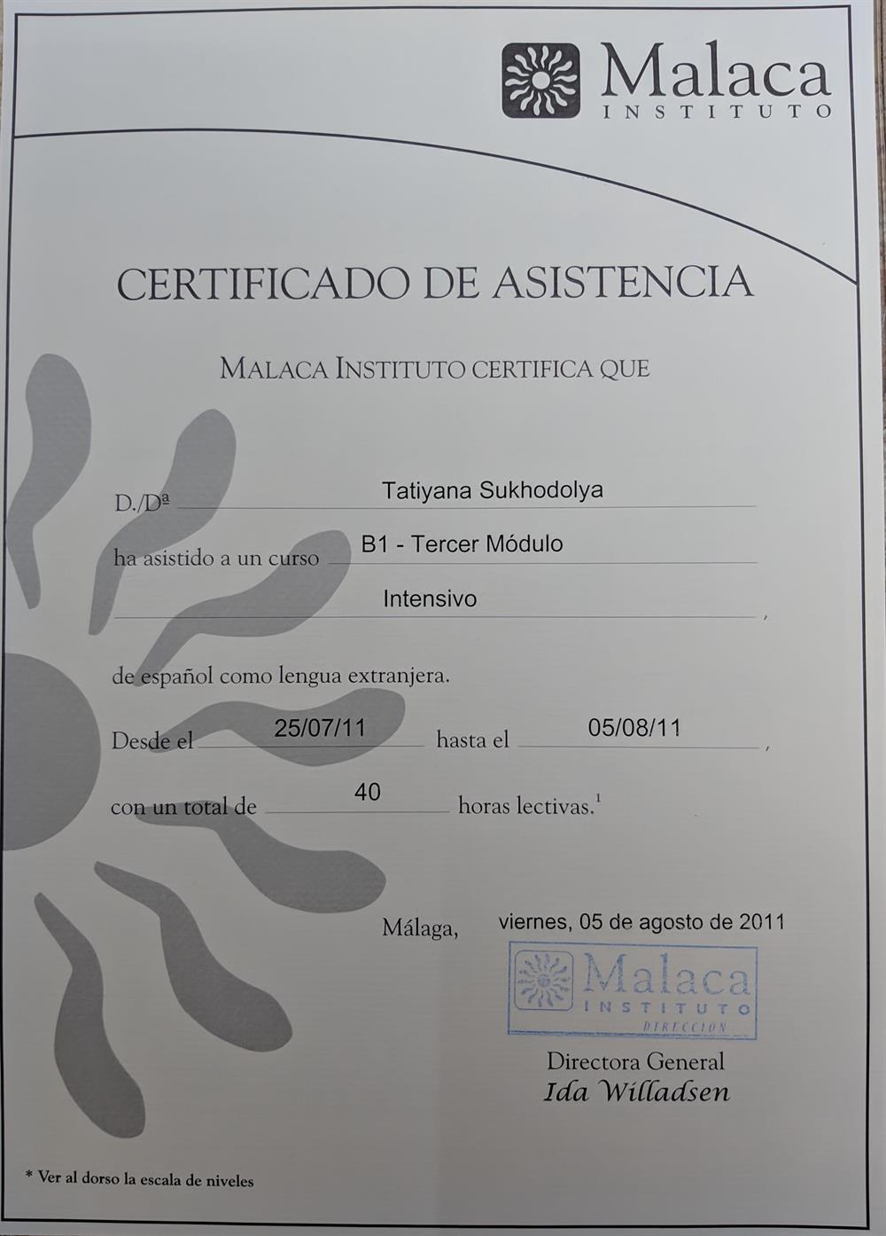 Сертификат (B1 - Tercer Modulo. 40 horas lectivas).