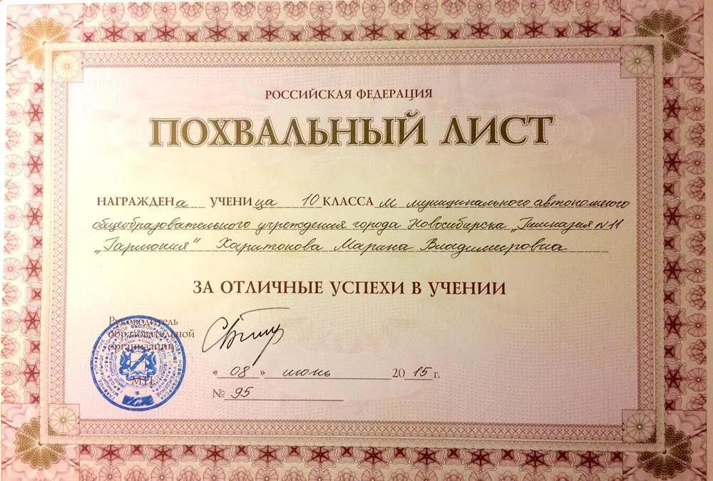 Похвальный лист за отличные успехи в учении (10 класс, 2015 г)