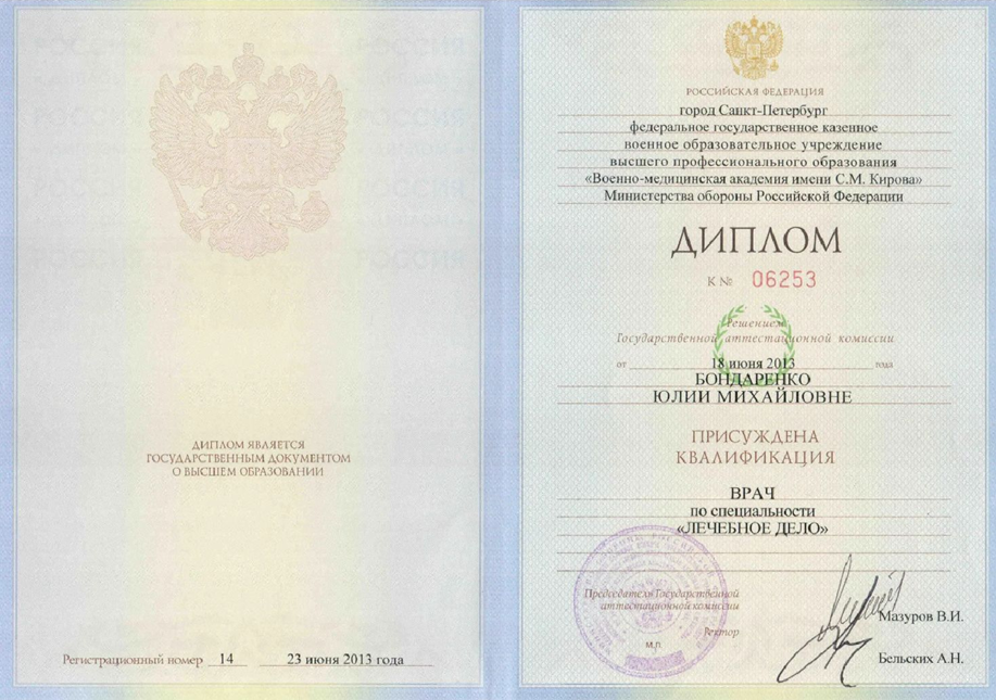 Диплом. Военно-медицинская академия имени С.М. Кирова, лечебное дело, врач.