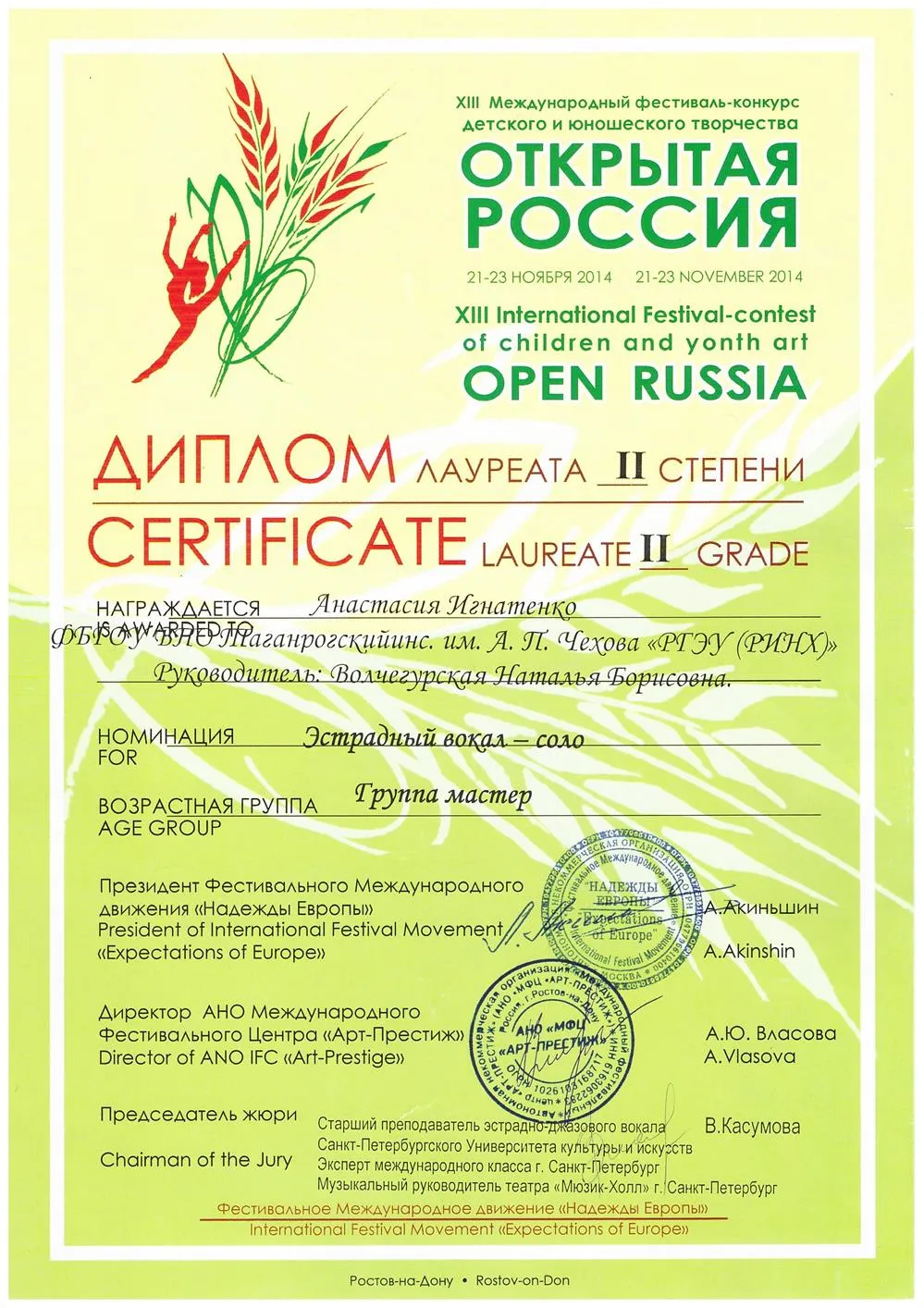 Диплом лауреата 2 степени