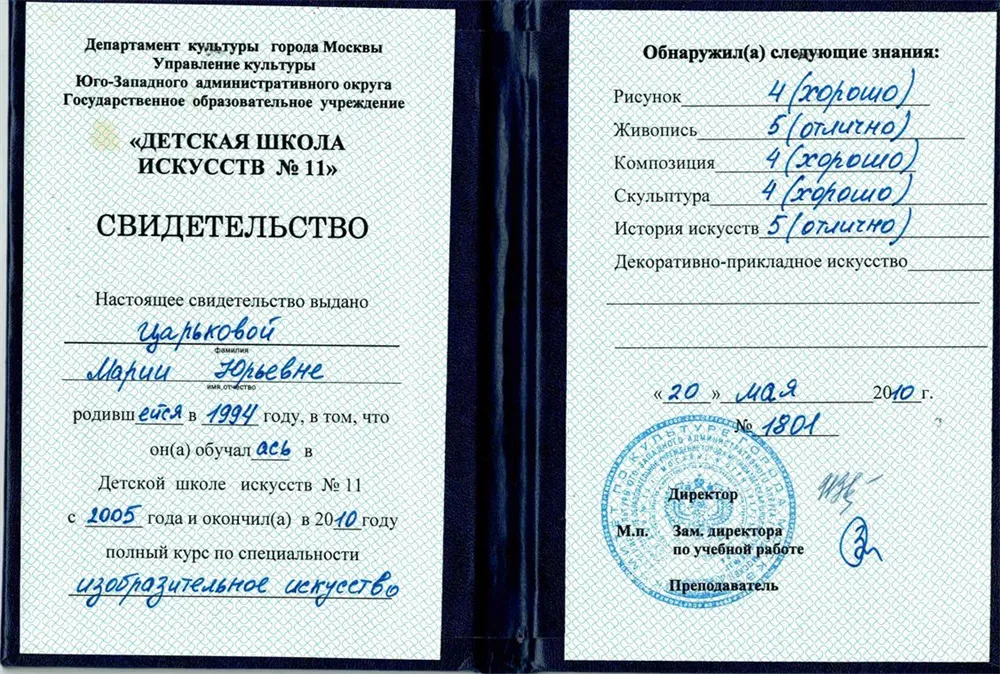 Свидетельство об окончании школы искусств