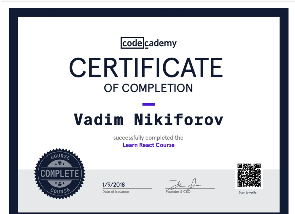 Codecademy certificate from 2016