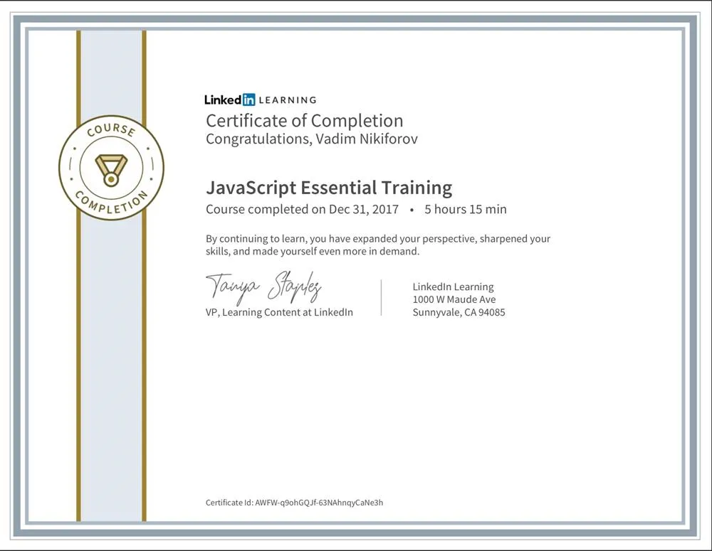 Learning Linkedin: JavaScript Essential Training -  Date: 31.12.2017