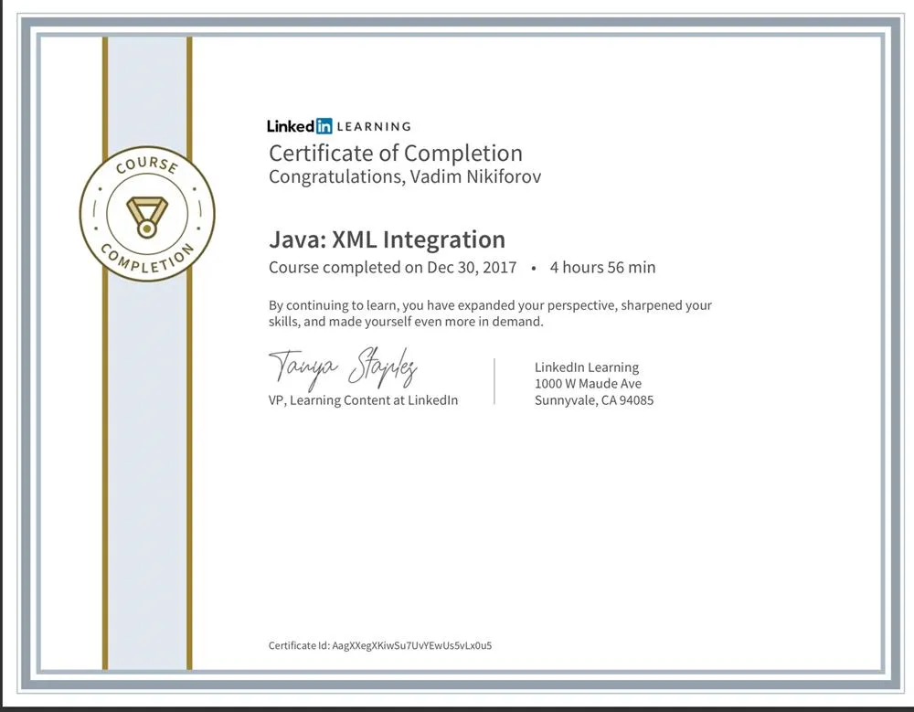 Learning Linkedin: Java XML Integration -  Date: 30.12.2017