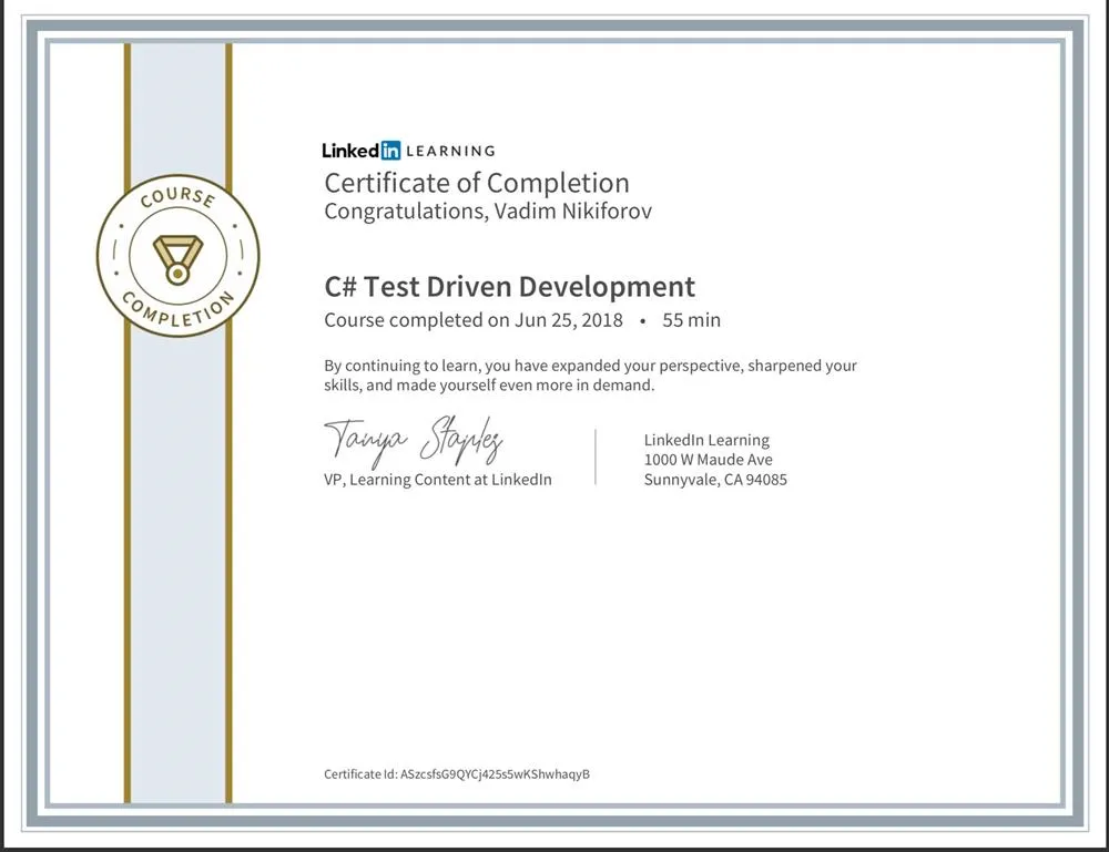 Learning Linkedin: C# Test Drive Development  -  Date: 25.06.2018 