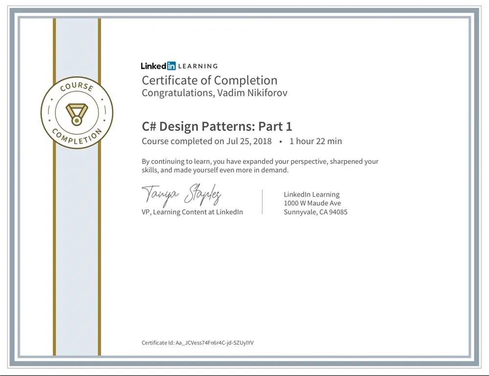 Learning Linkedin: C# Design Patterns -  Date: 25.07.2018 