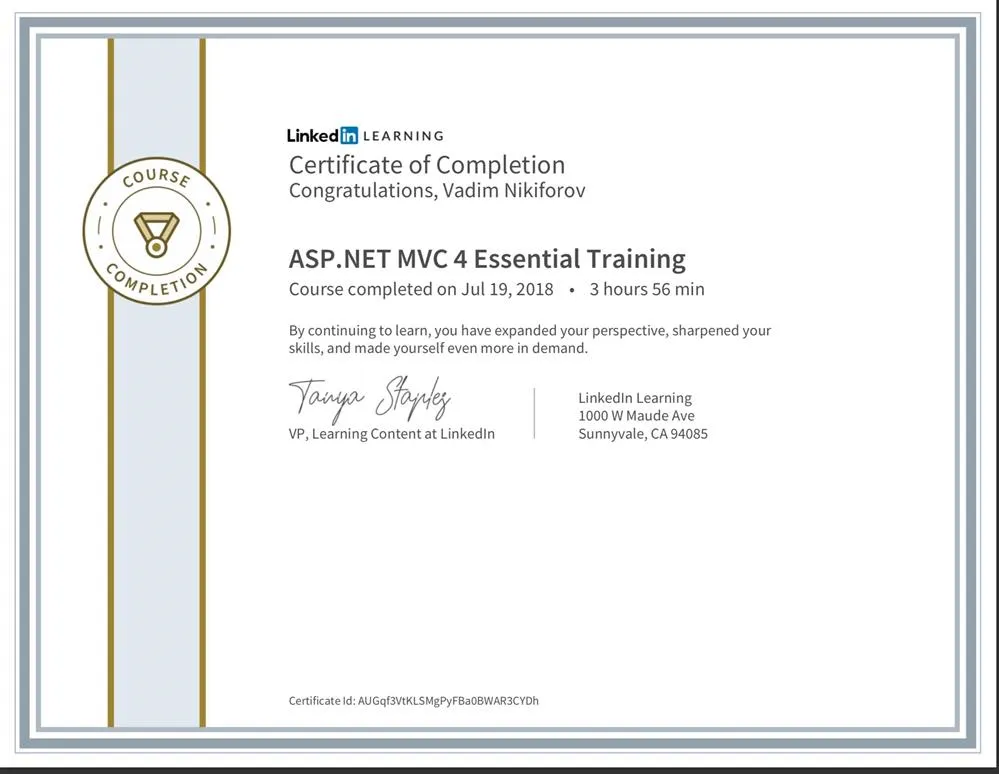 Learning Linkedin: ASP.NET MVC 4 Essential Training -  Date: 19.07.2018