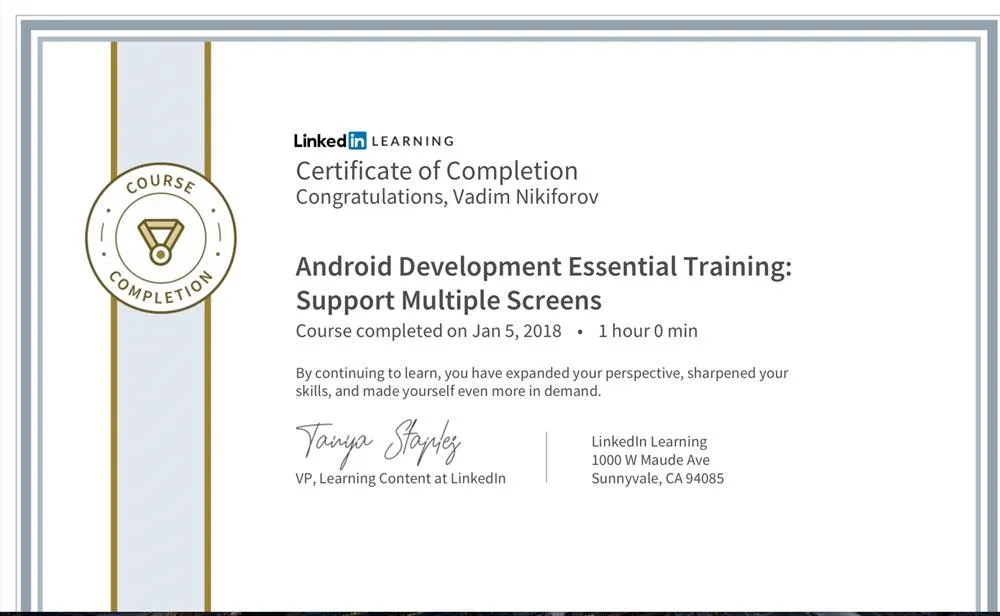Learning Linkedin: Android Development Essential Training Support Multiple Screens -  Date: 06.06.2018
