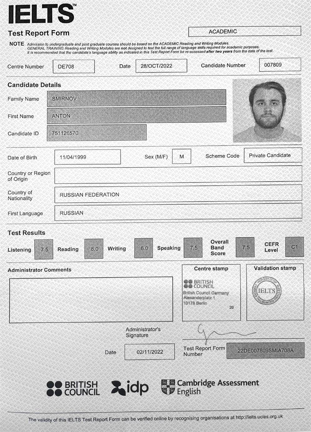 IELTS Test Report Form 
