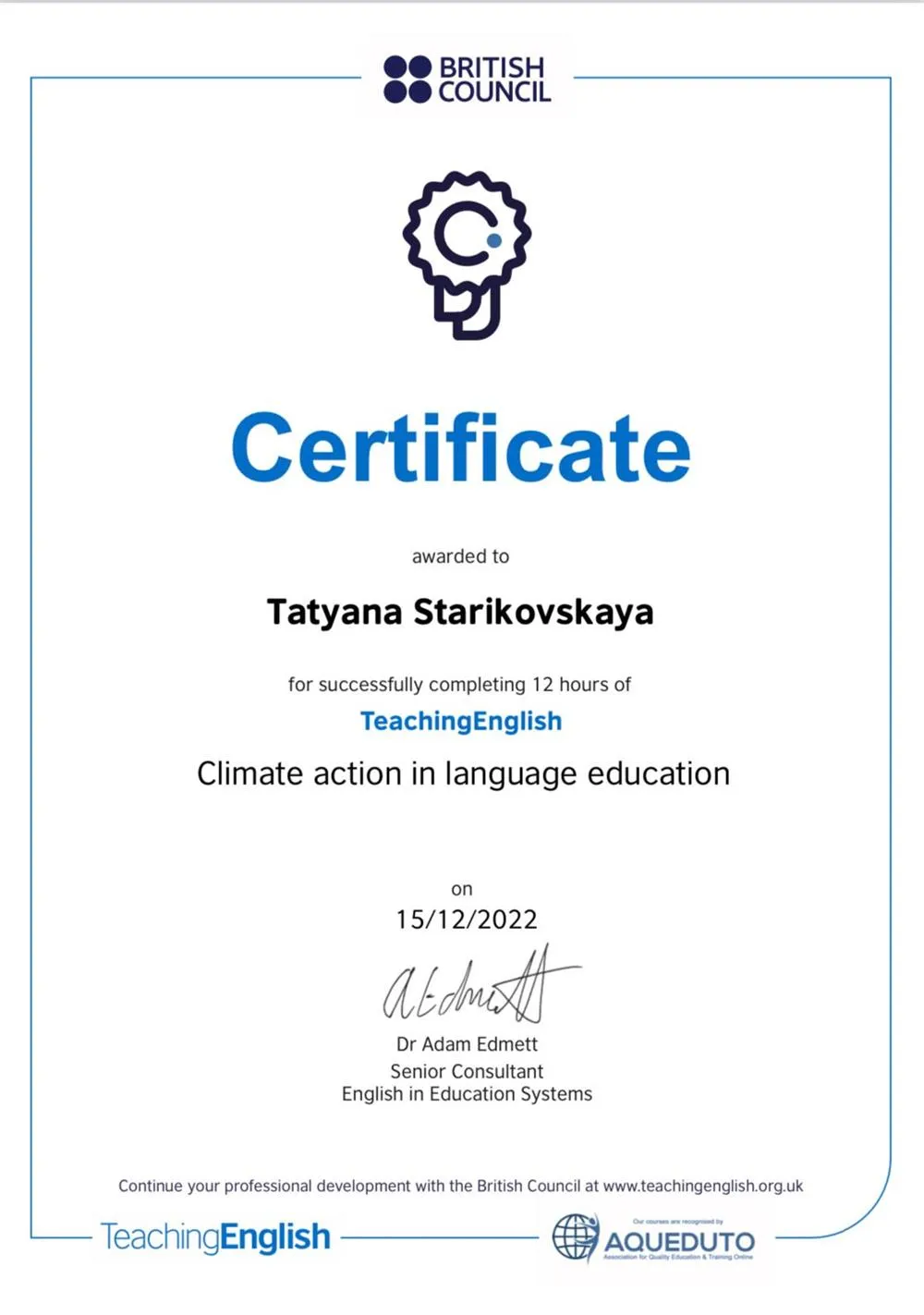 Certificate: ”Climate action in language education”